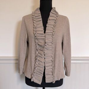 Tabitha Anthropologie Women’s Sz Large Tan Ruffle Cardigan Sweater 3/4 Sleeve